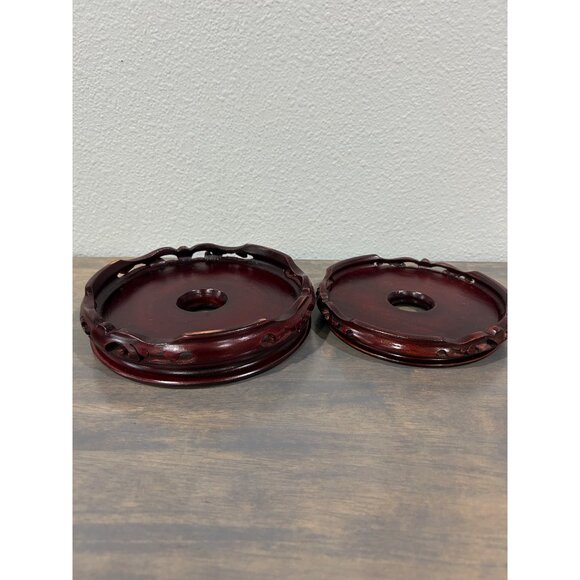 Two Carved Wood Round Display Stands Chinese Vase Stand Urn Plant 7" and 6" - Picture 1 of 11